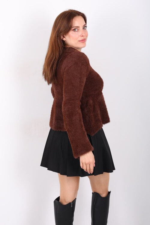 Volanlı Sakallı Kadın Kahverengi Triko Kazak - 5