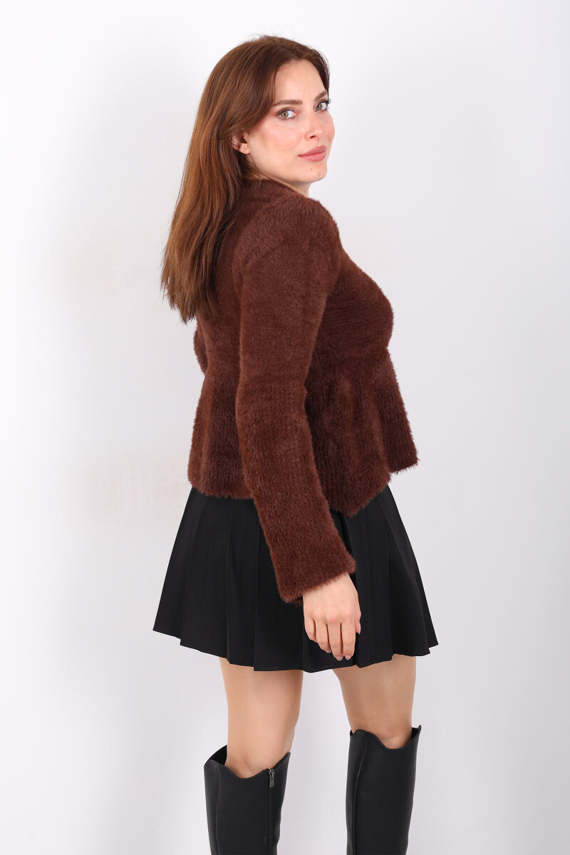 Volanlı Sakallı Kadın Kahverengi Triko Kazak - 5