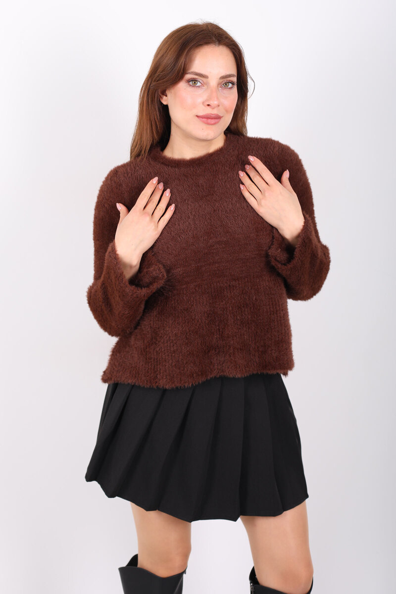 Volanlı Sakallı Kadın Kahverengi Triko Kazak - 6