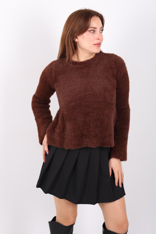 Volanlı Sakallı Kadın Kahverengi Triko Kazak - 4