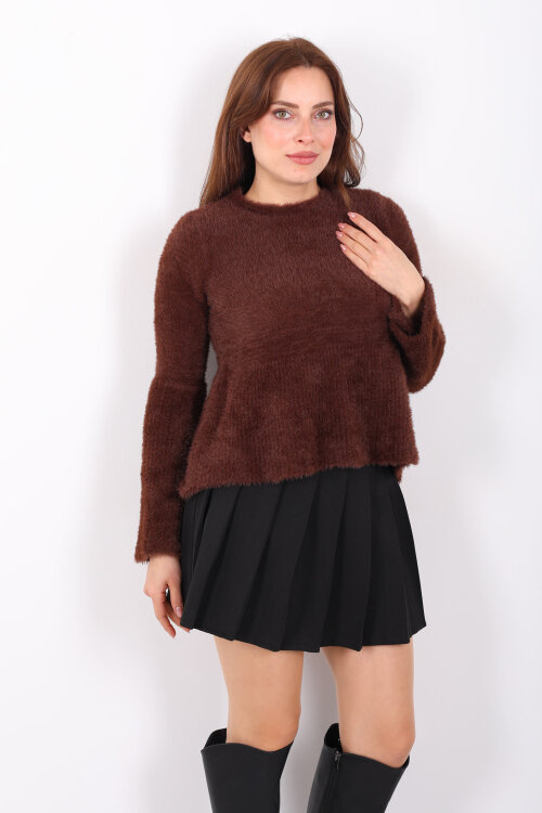 Volanlı Sakallı Kadın Kahverengi Triko Kazak - Berox