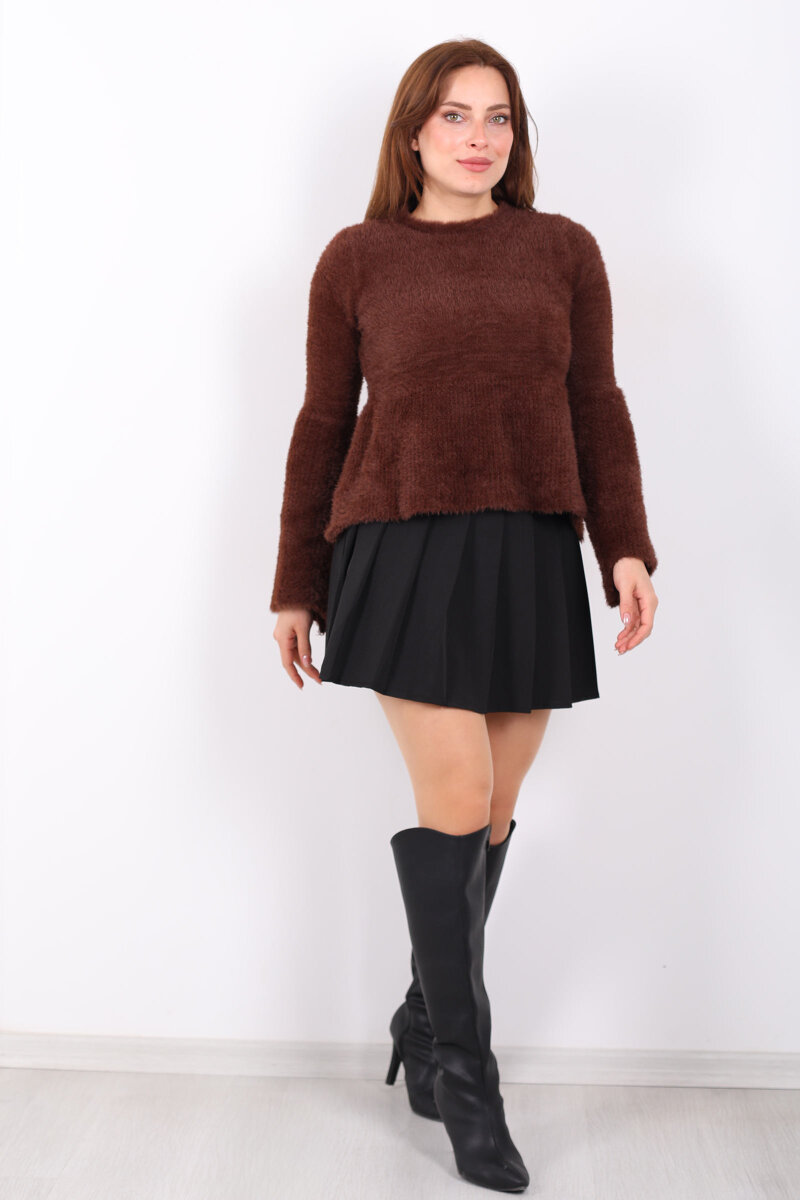 Volanlı Sakallı Kadın Kahverengi Triko Kazak - 3