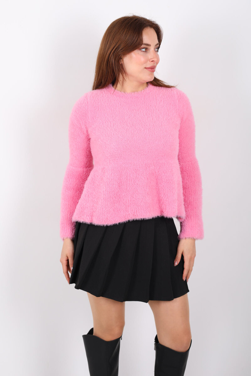 Volanlı Sakallı Kadın Pembe Triko Kazak - 6