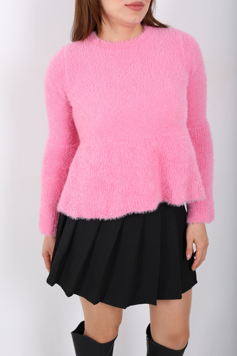 Volanlı Sakallı Kadın Pembe Triko Kazak - 2