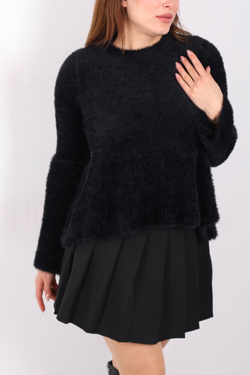 Volanlı Sakallı Kadın Siyah Triko Kazak - 2