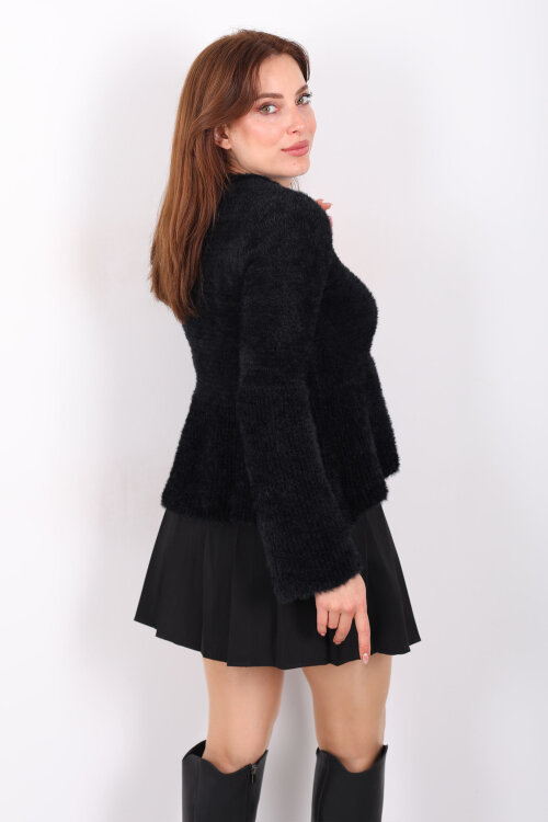 Volanlı Sakallı Kadın Siyah Triko Kazak - 5