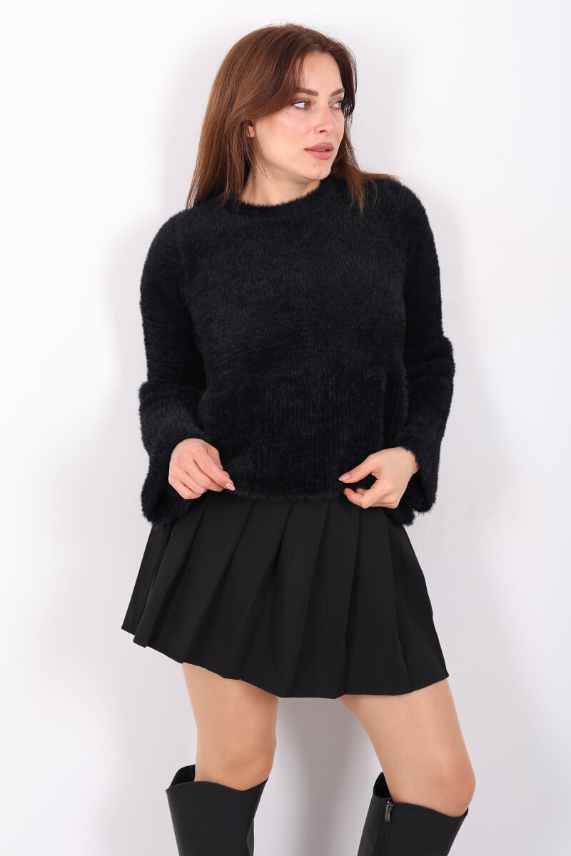 Volanlı Sakallı Kadın Siyah Triko Kazak - 6