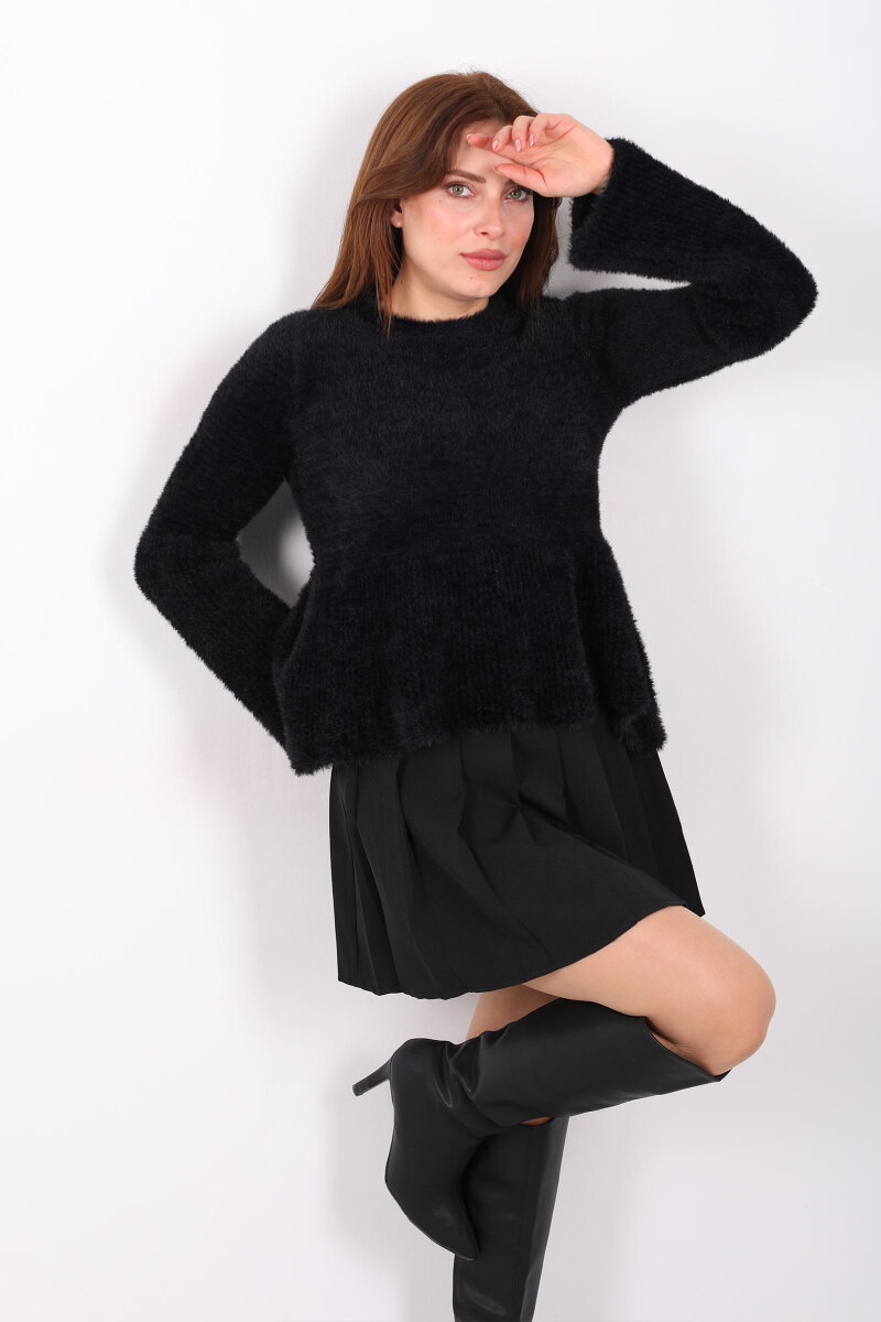 Volanlı Sakallı Kadın Siyah Triko Kazak - 1