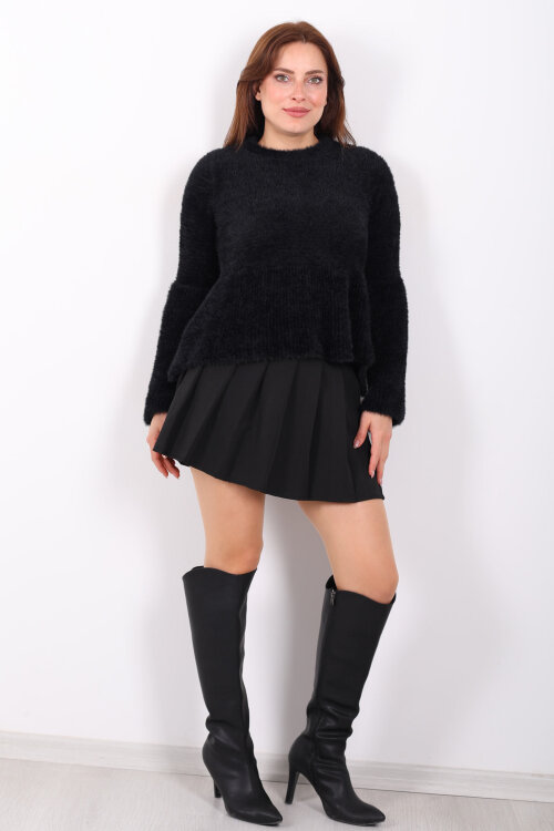 Volanlı Sakallı Kadın Siyah Triko Kazak - 3