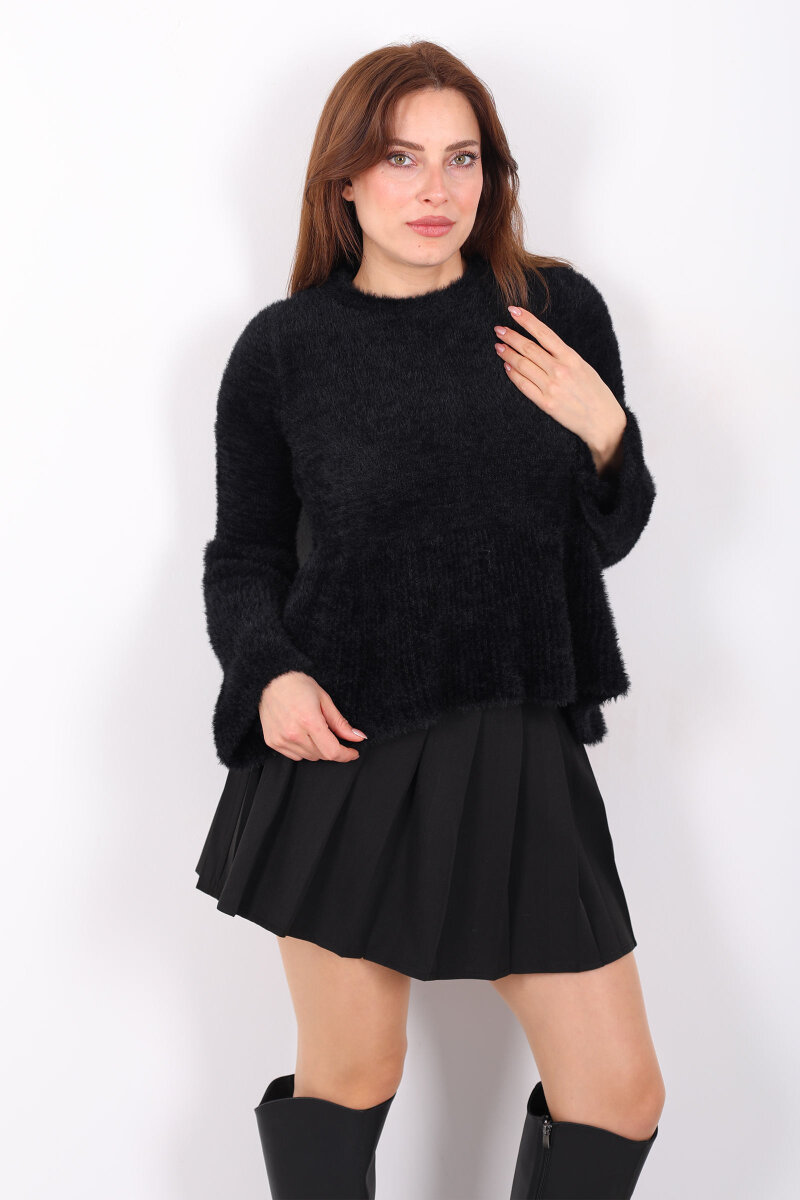 Volanlı Sakallı Kadın Siyah Triko Kazak - 4