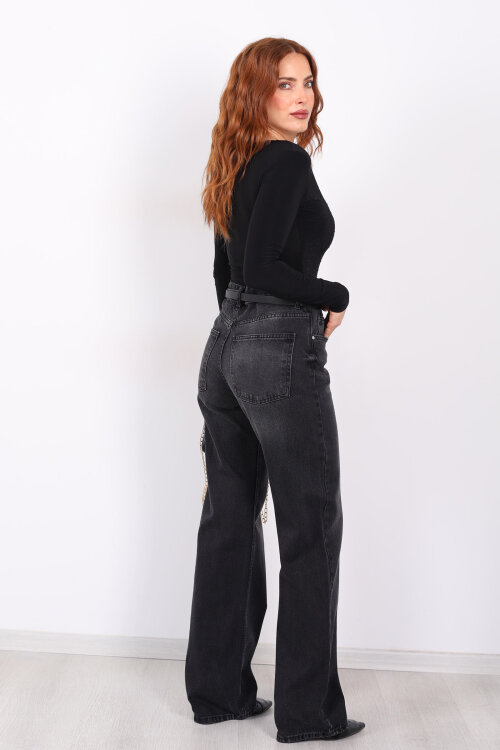 Wide Leg Füme Kar Yıkama Kadın Jeans - 6