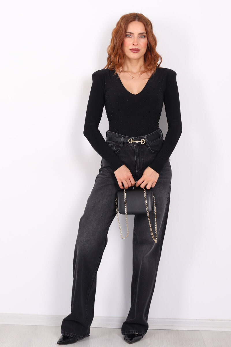 Wide Leg Füme Kar Yıkama Kadın Jeans - 5