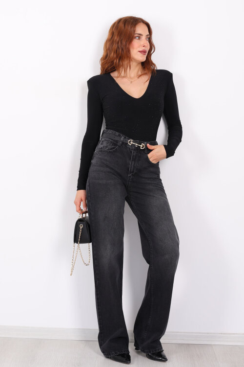 Wide Leg Füme Kar Yıkama Kadın Jeans - Berox