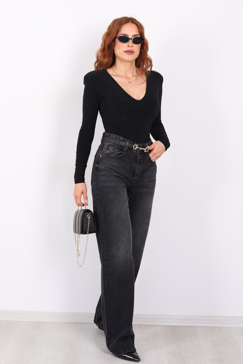 Wide Leg Füme Kar Yıkama Kadın Jeans - 4