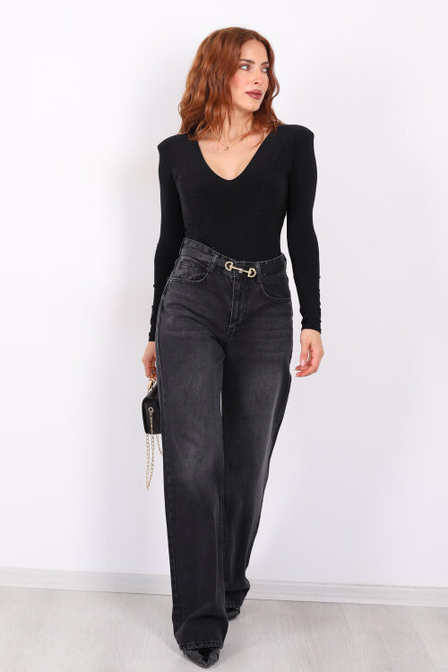 Wide Leg Füme Kar Yıkama Kadın Jeans - 7