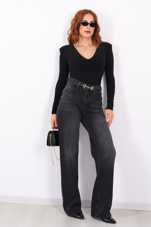 Wide Leg Füme Kar Yıkama Kadın Jeans - 3