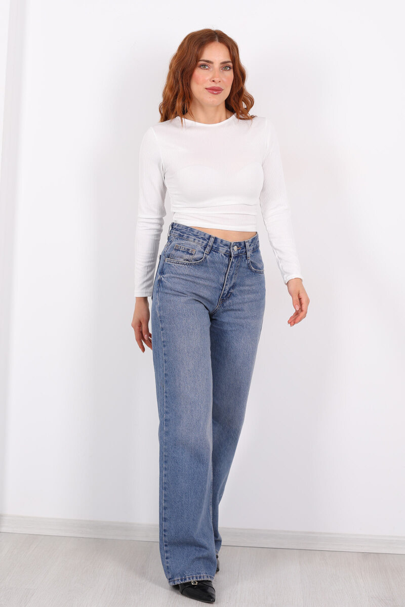 Wide Leg Kar Yıkama Kadın Jeans - 7