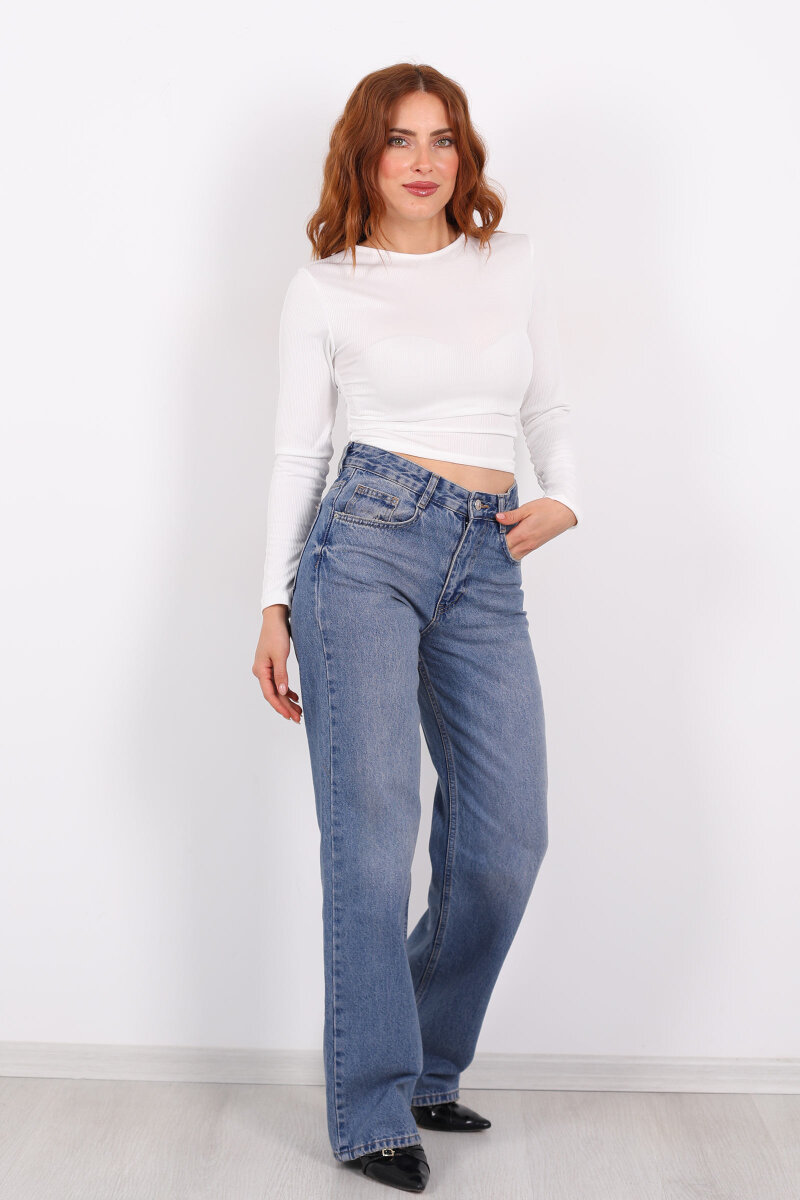 Wide Leg Kar Yıkama Kadın Jeans - 5