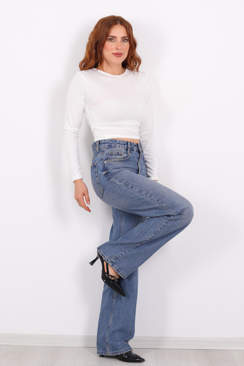 Wide Leg Kar Yıkama Kadın Jeans - 4