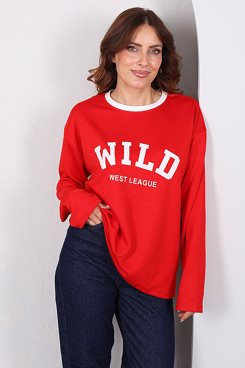 WILD Baskılı Kırmızı Kadın Modal Sweatshirt - 6