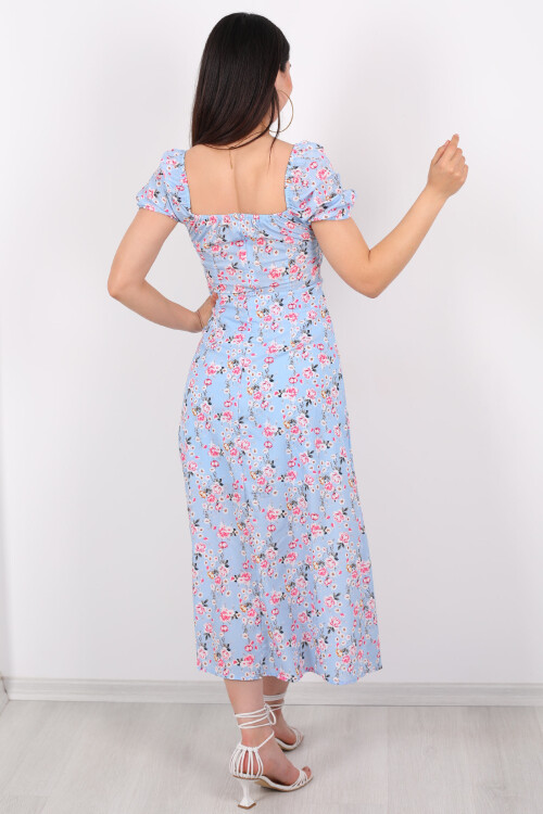 Yaka Bağcıklı Yırtmaçlı Çiçekli Maxi Bebe Mavisi Kadın Elbise - 7