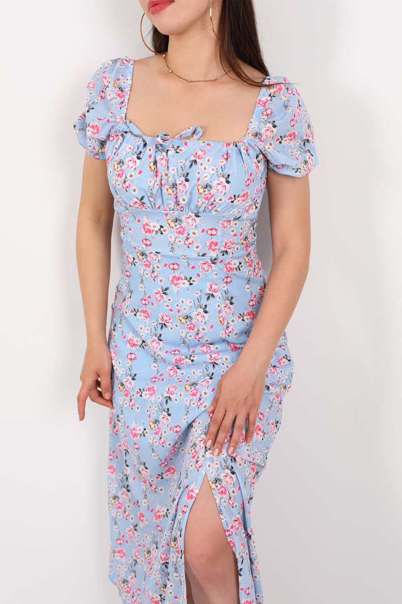 Yaka Bağcıklı Yırtmaçlı Çiçekli Maxi Bebe Mavisi Kadın Elbise - 2