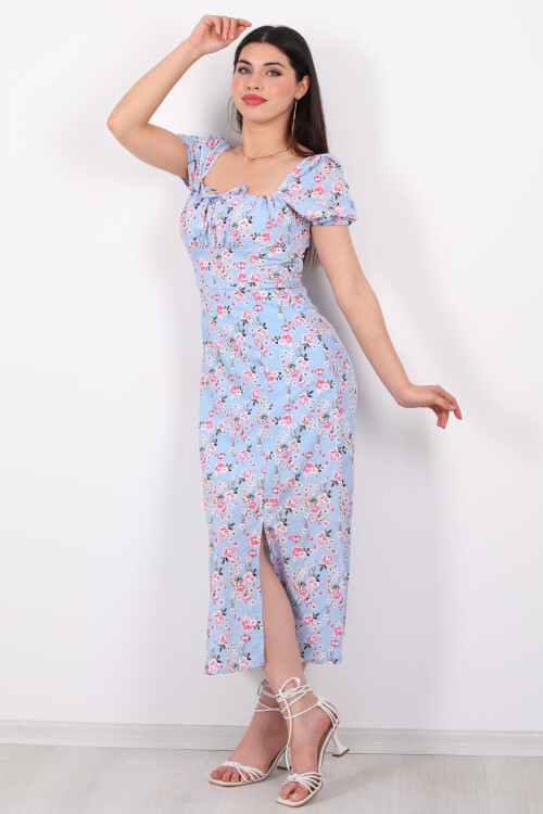 Yaka Bağcıklı Yırtmaçlı Çiçekli Maxi Bebe Mavisi Kadın Elbise - 1