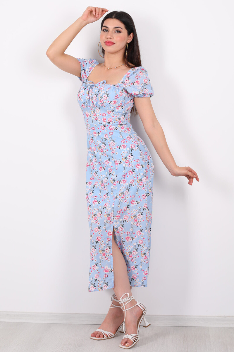 Yaka Bağcıklı Yırtmaçlı Çiçekli Maxi Bebe Mavisi Kadın Elbise - 1
