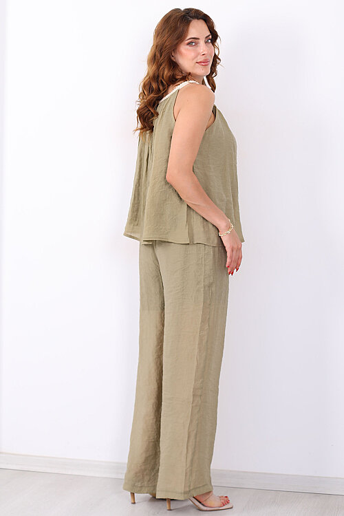 Yaka Boncuk Detaylı Bluz-Pantolon Haki Kadın Takım - 5