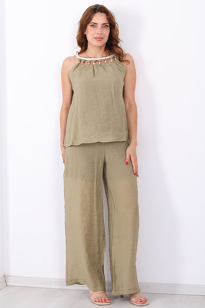 Yaka Boncuk Detaylı Bluz-Pantolon Haki Kadın Takım - 6