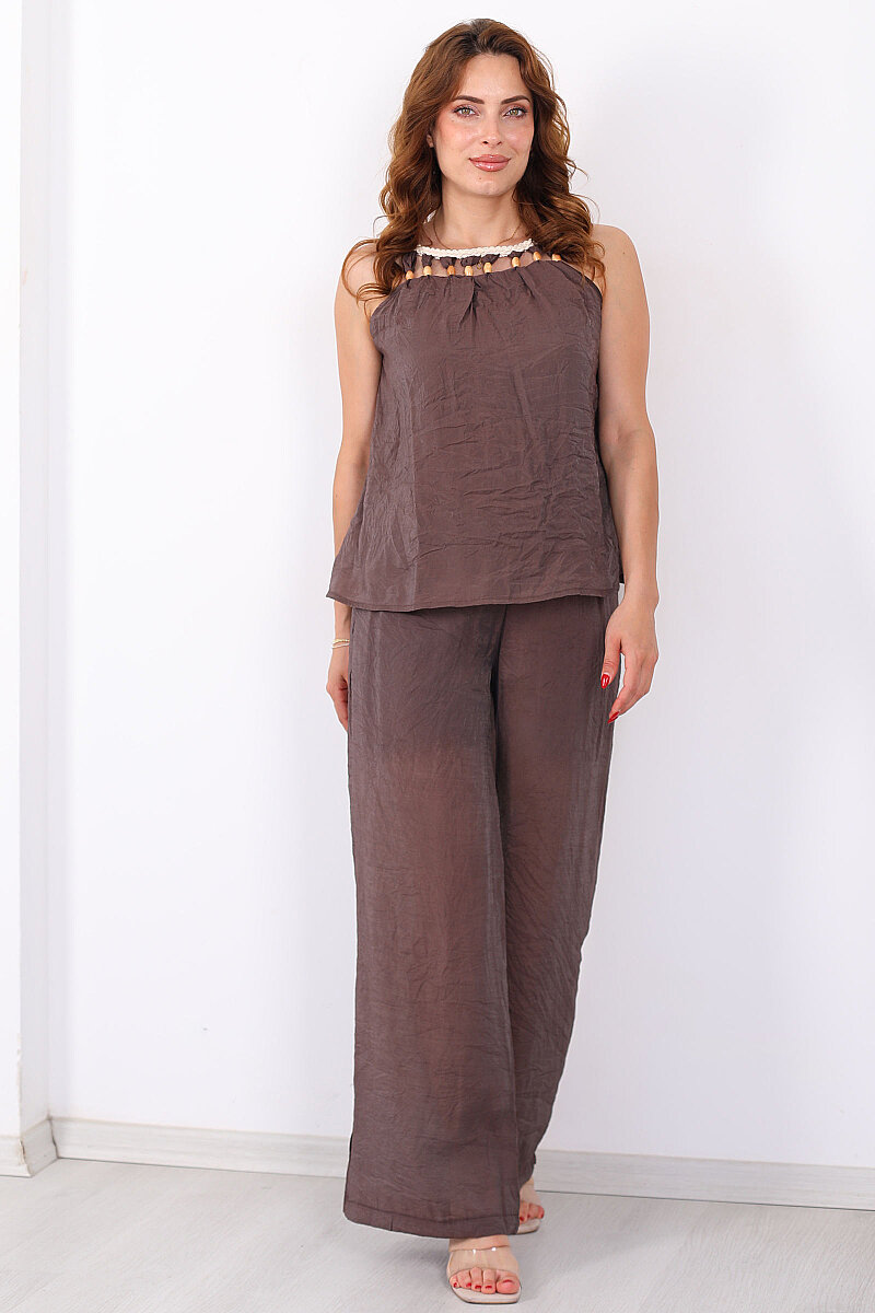 Yaka Boncuk Detaylı Bluz-Pantolon Kahverengi Kadın Takım - 3