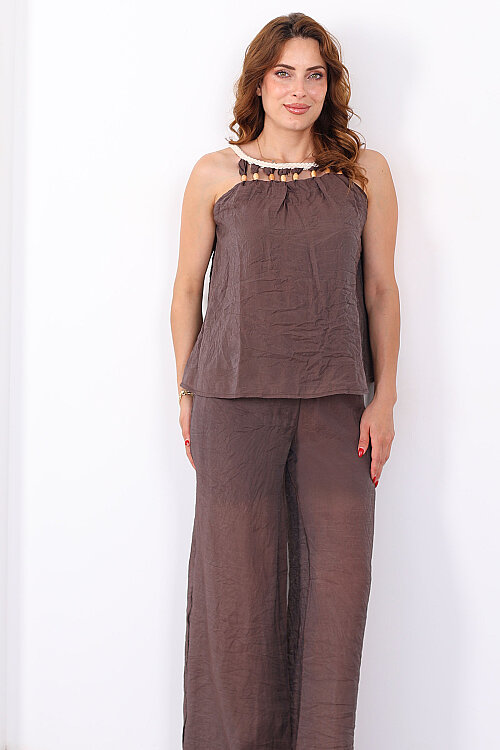 Yaka Boncuk Detaylı Bluz-Pantolon Kahverengi Kadın Takım - 4