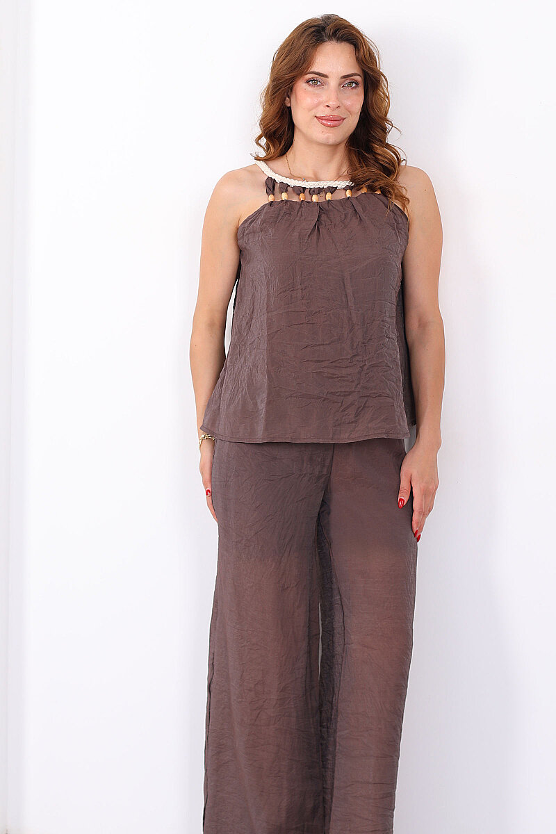 Yaka Boncuk Detaylı Bluz-Pantolon Kahverengi Kadın Takım - 4