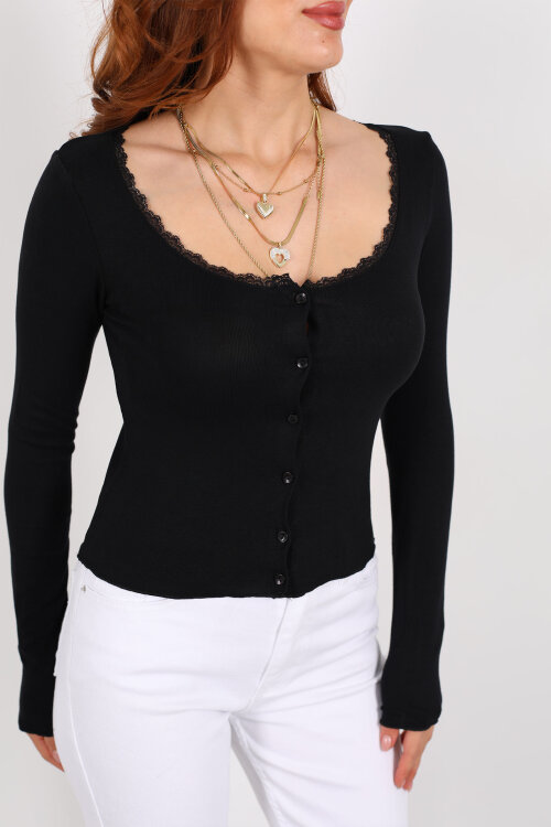 Yaka Dantelli Düğmeli Siyah Kadın Düğmeli Body - Berox (1)