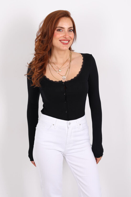 Yaka Dantelli Düğmeli Siyah Kadın Düğmeli Body - Berox