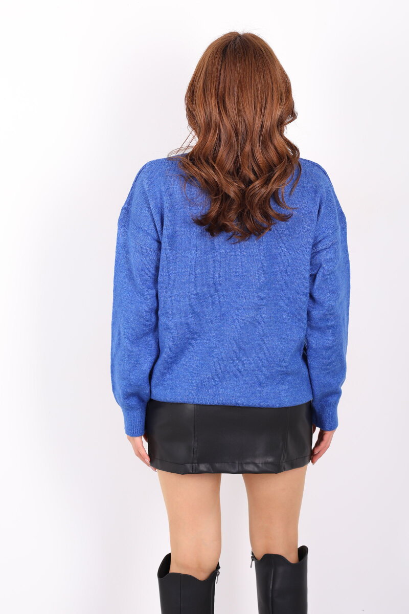 Yaka Dekolte Detaylı Kadın Saks Mavisi Triko Kazak - 4