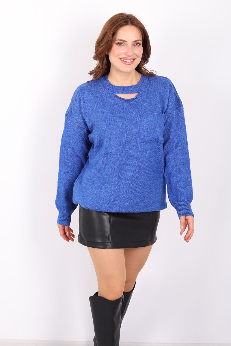 Yaka Dekolte Detaylı Kadın Saks Mavisi Triko Kazak - 3