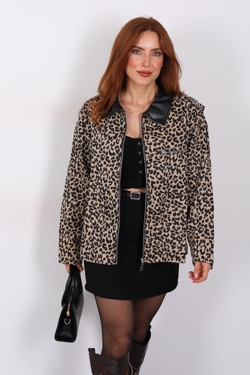 Yaka Deri Leopar Desen Kadın Fermuarlı Ceket - 5