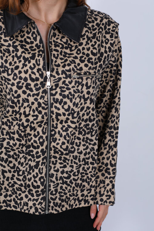 Yaka Deri Leopar Desen Kadın Fermuarlı Ceket - Berox (1)