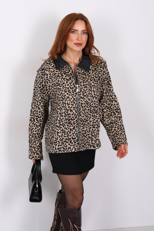 Yaka Deri Leopar Desen Kadın Fermuarlı Ceket - 7