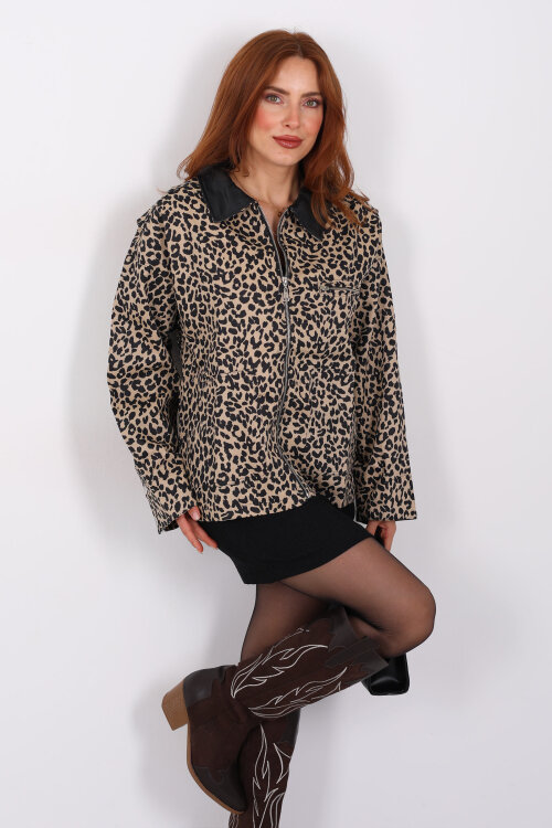 Yaka Deri Leopar Desen Kadın Fermuarlı Ceket - 4