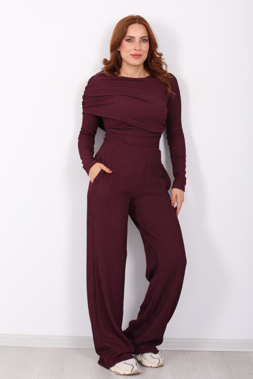 Yaka Detaylı Büzgülü Mürdüm Kadın Fitilli Takım - 3