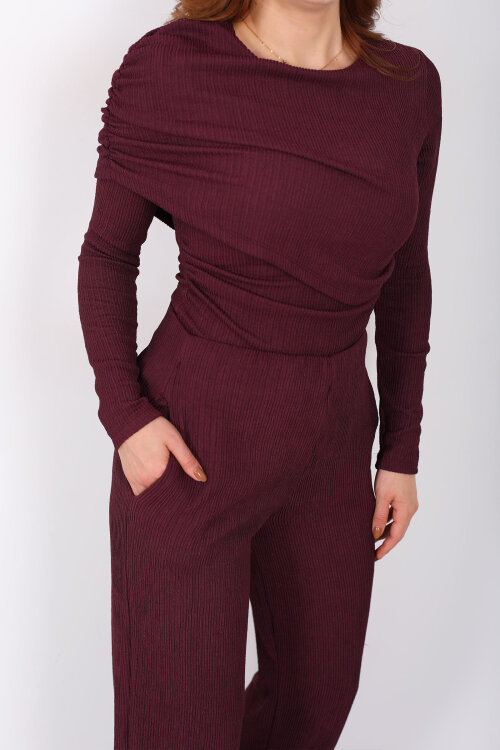 Yaka Detaylı Büzgülü Mürdüm Kadın Fitilli Takım - Berox (1)