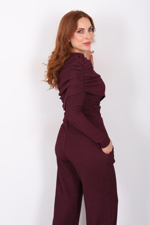 Yaka Detaylı Büzgülü Mürdüm Kadın Fitilli Takım - 5