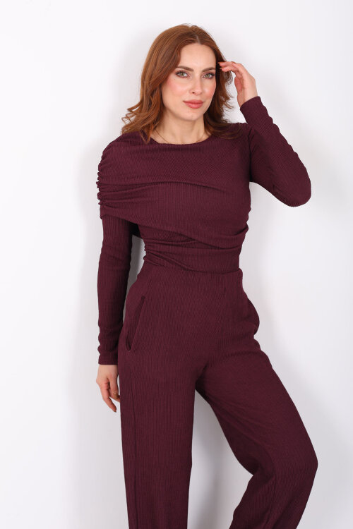 Yaka Detaylı Büzgülü Mürdüm Kadın Fitilli Takım - Berox