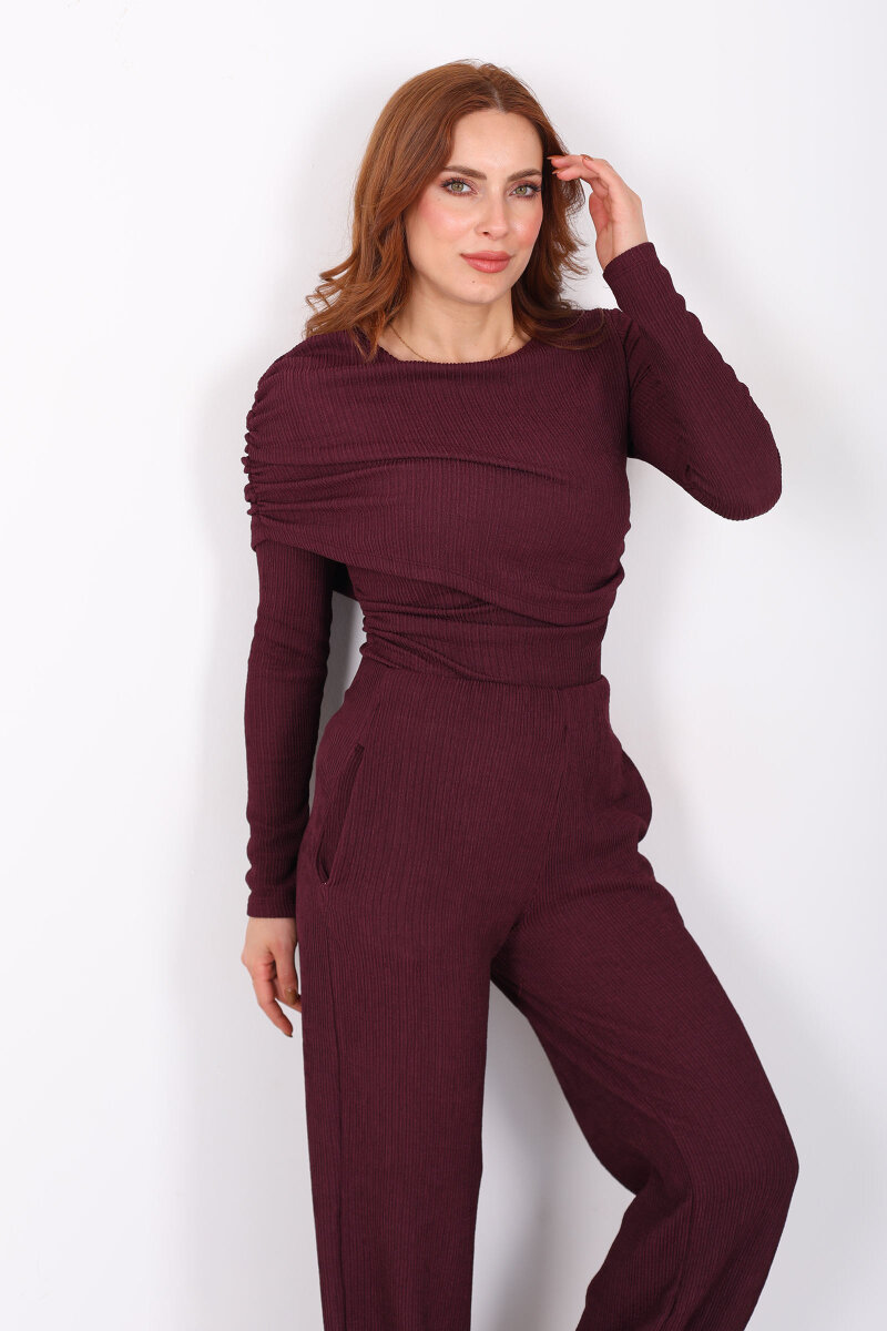 Yaka Detaylı Büzgülü Mürdüm Kadın Fitilli Takım - 1