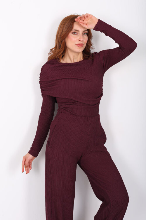 Yaka Detaylı Büzgülü Mürdüm Kadın Fitilli Takım - 4