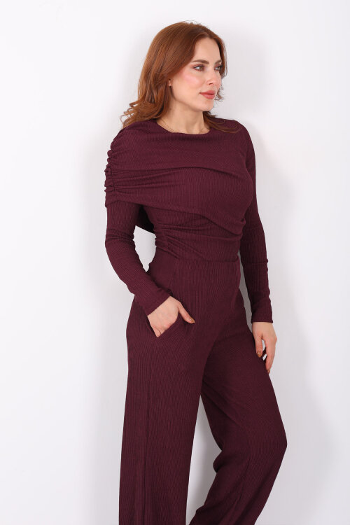 Yaka Detaylı Büzgülü Mürdüm Kadın Fitilli Takım - 6