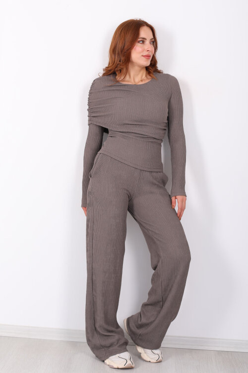 Yaka Detaylı Büzgülü Vizon Kadın Fitilli Takım - 7