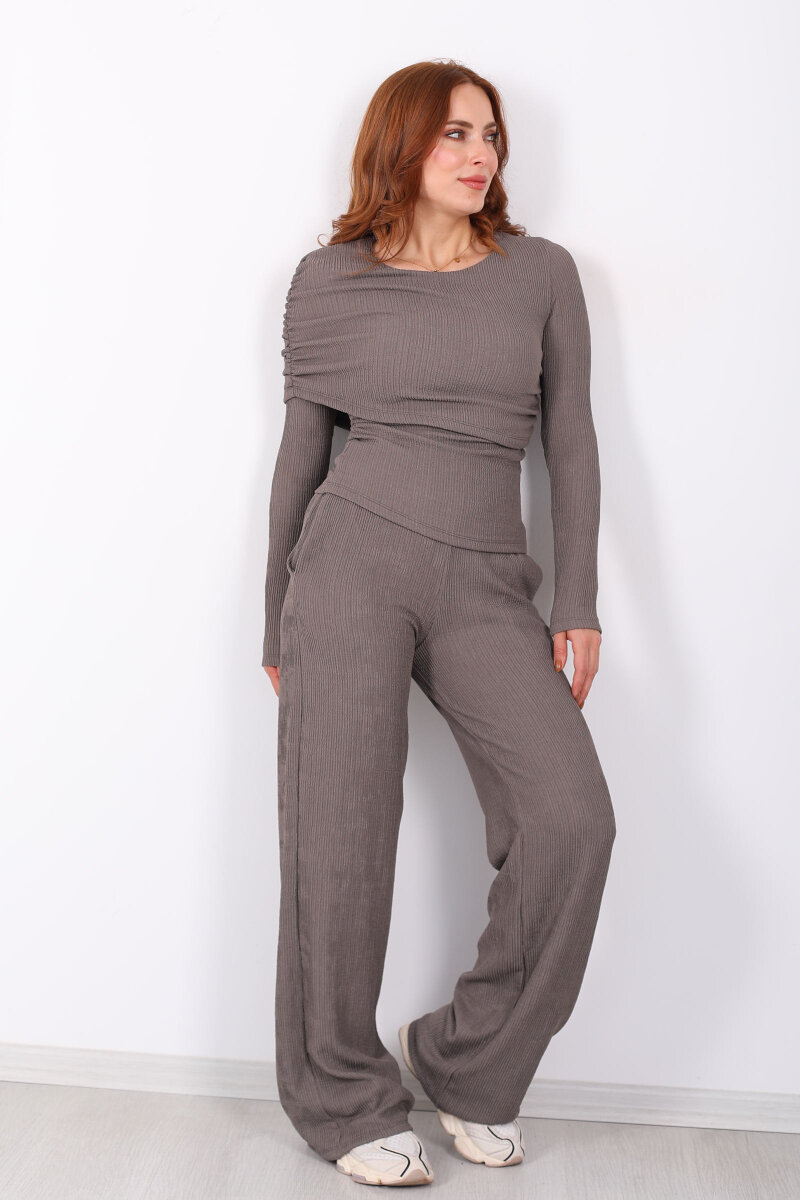 Yaka Detaylı Büzgülü Vizon Kadın Fitilli Takım - 7